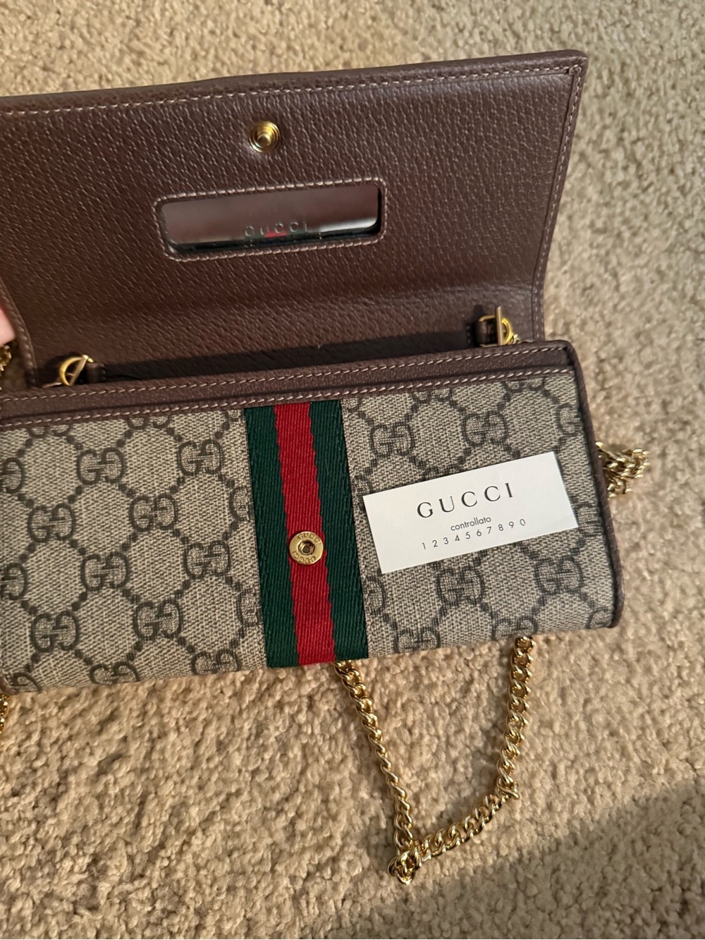 Gucci Beige GG Supreme Crossbody with Green and Red Web